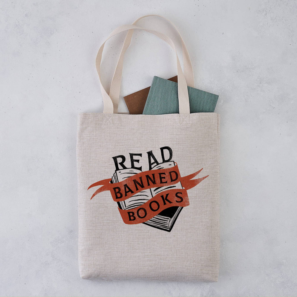 Tote bag with 'Read Banned Books' design on a light background