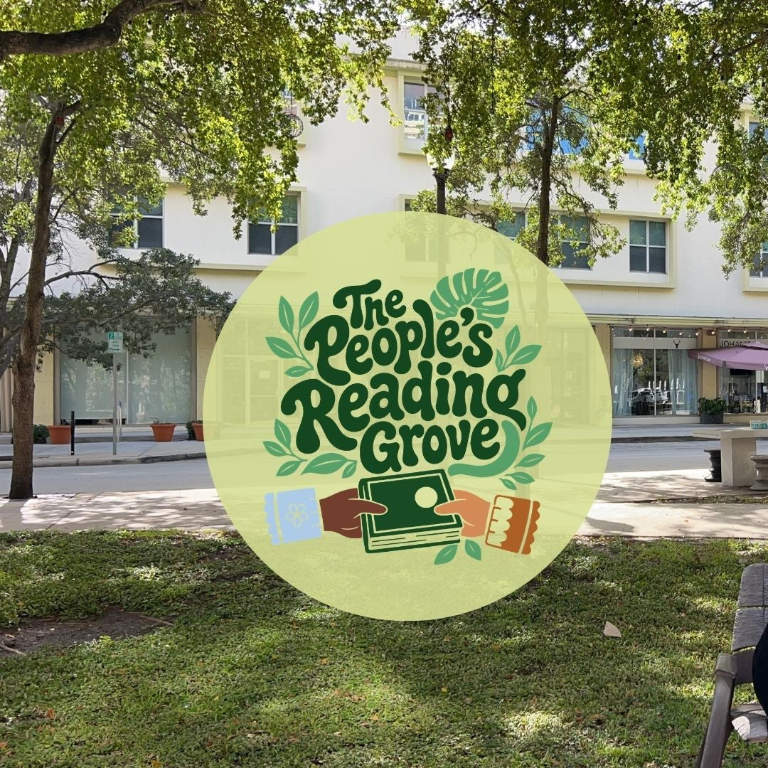 logo with the words The People's Reading Grove, with two hands holding a book, and monstera leaves in the background, over a picture of trees and grass in Alexander Arts Park across the street from Johan Joe's in Downtown West Palm Beach, Florida. 